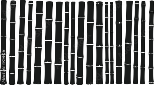 Black bamboo stalk silhouettes seamless vertical natural pattern isolated on white background vector illustration set of organic botanical elements
