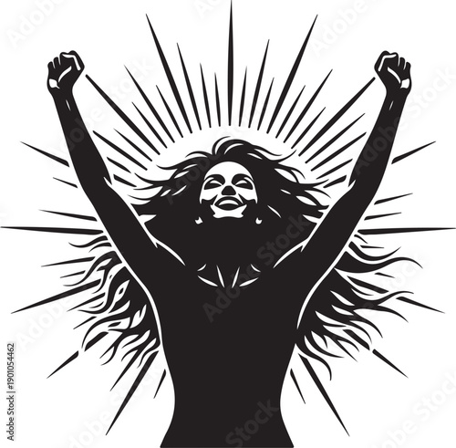 Empowered woman with raised fists and radiant sun rays symbolizing strength and triumph