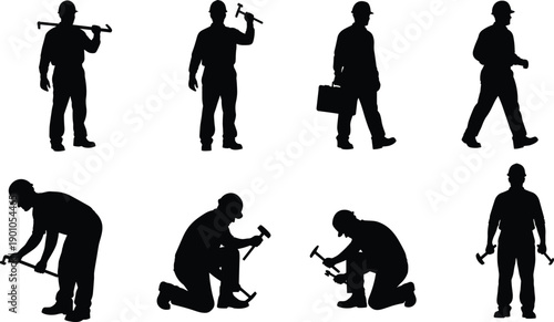 Construction worker silhouette collection featuring builder with tools hammer and briefcase isolated on white background vector labor profession illustration set