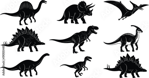 Dinosaur silhouette collection featuring prehistoric creatures including tyrannosaurus triceratops stegosaurus and pterodactyl isolated on white background vector illustration set