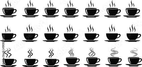 Hot coffee cup silhouette collection with steam isolated on white background vector illustration set for cafe menu and beverage design