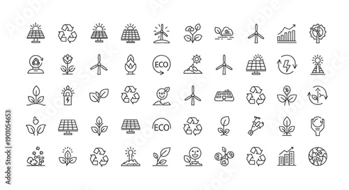 Eco-friendly and sustainability icons: solar panels, wind turbines, and recycling symbols.