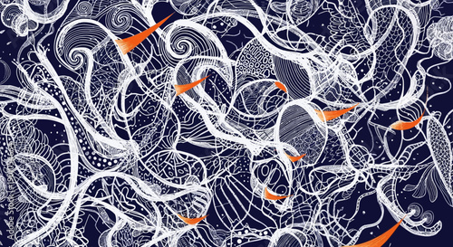 Intricate illustration of marine life with fish and seaweed in a dynamic underwater scene from a close-up viewpoint