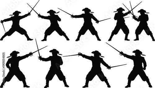 Musketeer sword fighter silhouette collection featuring duel fencing poses isolated on white background vector historical action illustration set