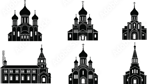 Orthodox church silhouette collection featuring traditional cathedral architecture isolated on white background vector religious building illustration design set