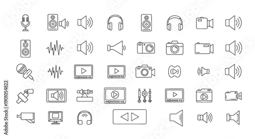 Audio and Video Icons: Sound, Music, Camera, and Playback Icons for Media and Streaming