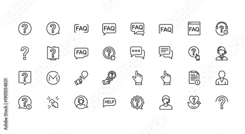 FAQ and Support Icons: Question Marks, Help, and Chat Bubbles for Customer Service