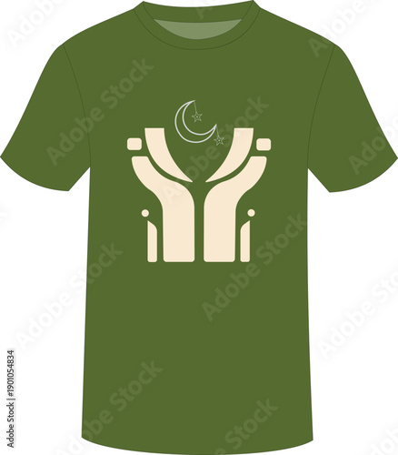 A simple modern tshirt designs featuring simple artwork of the towers and the crescent moon. Minimal t-shirt design template. T-shirt. Round neck tshirt. Round neck. Round neck t shirt design