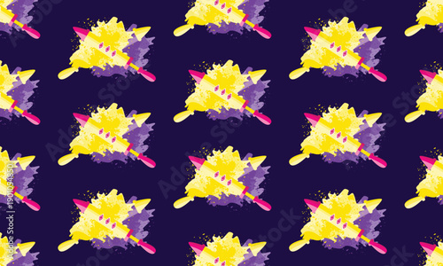 Holi festival pattern background with purple and yellow dry powder and pichkari illustration