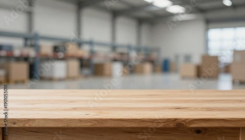 Tavolo in legno vuoto in primo piano con sfondo sfocato di fabbrica industriale o magazzino. Concetto per esposizione di prodotti o presentazione aziendale.