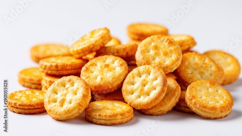 Cheese-stuffed mini crackers arranged randomly on white background