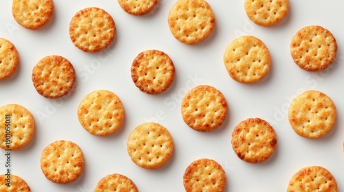 Cheese-stuffed mini crackers arranged randomly on white background