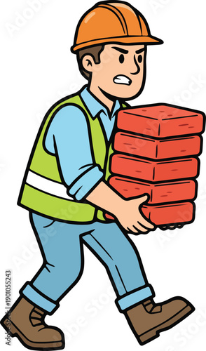 Straining construction worker carrying a heavy stack of red bricks