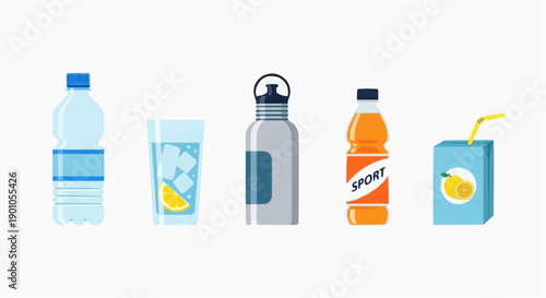 Various beverages and drink containers, including water bottles, juice, and sports drinks, depicted in a row.
