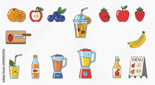 Assorted fruits and juicing appliances displayed together in a lively illustration, showcasing various stages of juice preparation