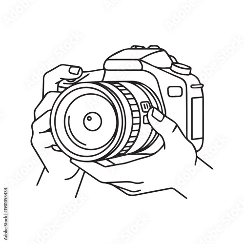 Photos Hand Holding Professional DSLR Camera Line Art Illustration