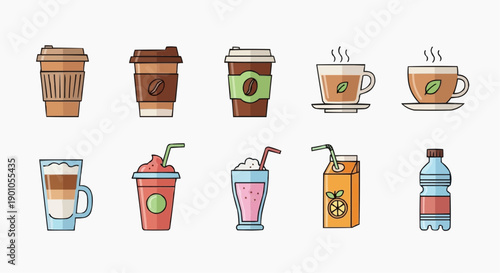 Collection of various beverages and drinks in different containers and styles