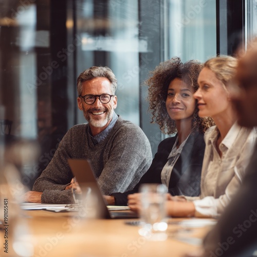 Four people sit at a conference table in a glass office space talking and listening during a business meeting