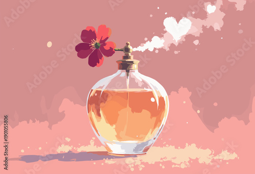 vintage perfume bottle flower atomizer spraying heartshaped mist Gift Her concept Flat