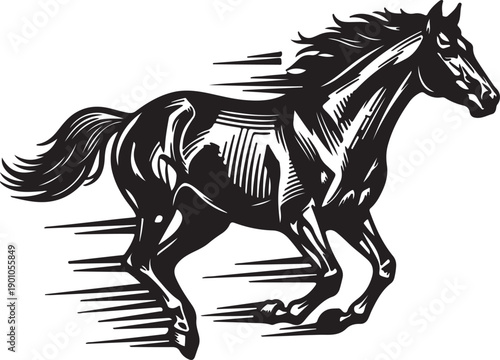 A magnificent horse gallops with incredible speed and grace, depicted with motion lines in a dynamic black and white engraving style, symbolizing freedom.
