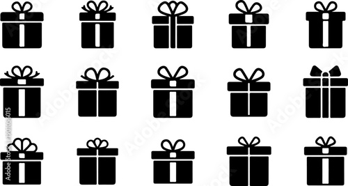 A collection of gift boxes arranged in a grid pattern with various bow designs on a clean white background, viewed from directly above, showcasing diverse packaging styles and ribbon details