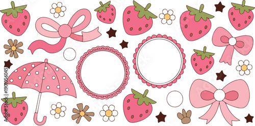 Cute Pink Summer Strawberry & Floral Vector Collection  Umbrella, Bows and Frames