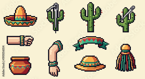 Colorful retro pixel art cactus, sombrero, and mexican icons set