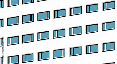 Geometric pattern of blue windows on modern building facade