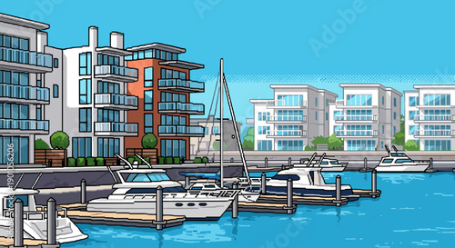 Modern marina with yachts and waterfront apartments in vibrant pixel art style