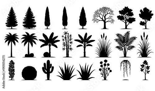 Black Paper Cut Plant and Tree Silhouette Set with Organic Botanical Shapes Vector