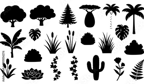 Landscape Builder Plant and Tree Silhouette Vector Pack of Black Nature Elements