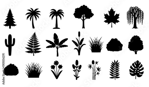 Plant and Tree Silhouette Vector Set of Black Nature Icons Isolated on White Background
