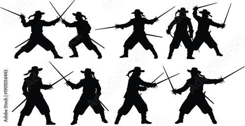 Sword fighter silhouette collection featuring duel combat poses isolated on white background vector illustration historical warrior action set