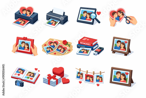 Photography and photo management isometric illustrations set