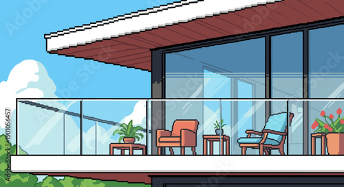Retro pixel art modern balcony with outdoor furniture on a sunny day