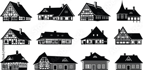 Traditional house silhouette collection featuring cottage farmhouse cabin and european village homes isolated on white background vector architecture illustration set