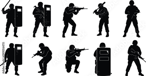 Tactical soldier silhouette collection featuring armed military forces with shield rifle and combat poses isolated on white background vector illustration set
