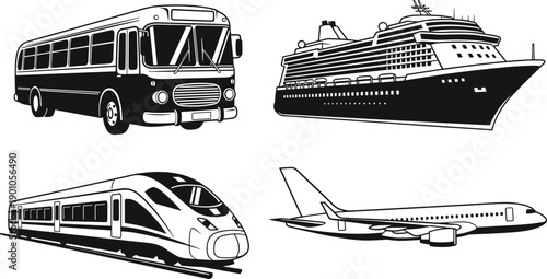 Black and White Vector Illustration Set of Modern Public Transportation Vehicles Featuring a Passenger Bus Cruise Ship High Speed Train and Airplane