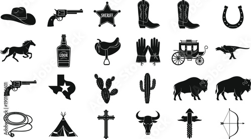 Wild West silhouette icon collection featuring a cowboy hat, revolver, boots, horse, cactus, and sheriff star isolated on a white background.