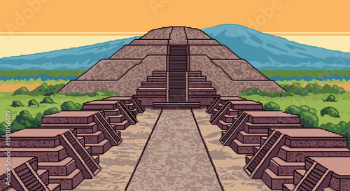 Pixel art pyramid with mountain landscape and vibrant sky