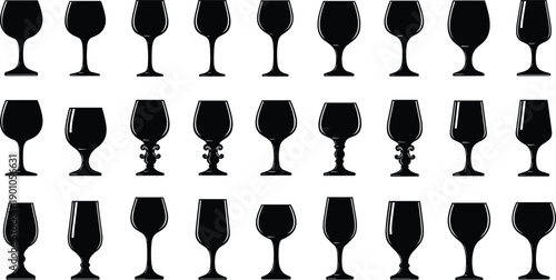 Wine glass silhouette collection featuring various goblet shapes isolated on white background vector bar drink illustration design set