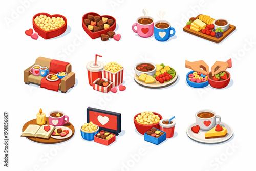 Cozy Food and Leisure Activities Cartoon Icons Set