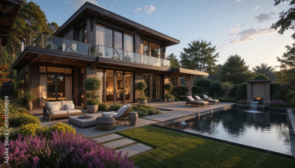 Fototapeta premium Modern House With Garden and Pool During Sunset in a Residential Area