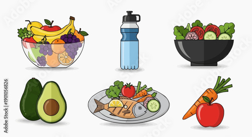 Healthy eating illustration featuring fruits, vegetables, and nutritious meal on a clean white background from a straightforward viewpoint