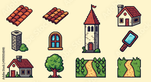Charming pixel art landscape: houses, castle, nature elements, and accessories