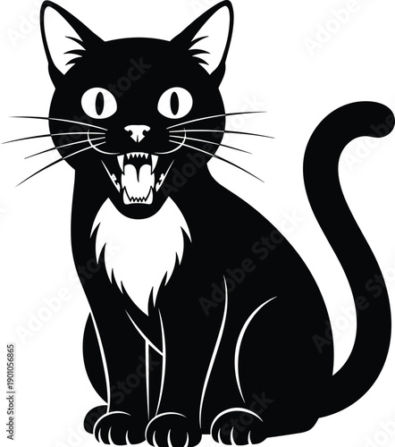 Black and White Vector Silhouette Illustration of a Hissing Black Cat with Open Mouth and Sharp Teeth for Halloween and Spooky Pet Branding