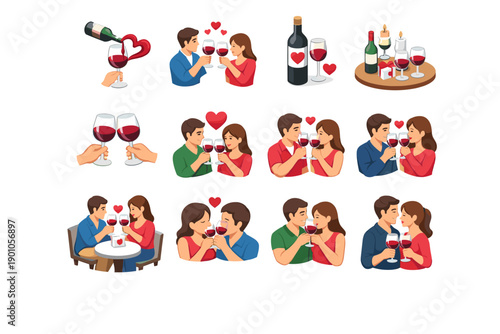 Romantic wine couple illustrations set