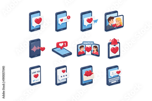 Online dating and social media isometric illustrations set