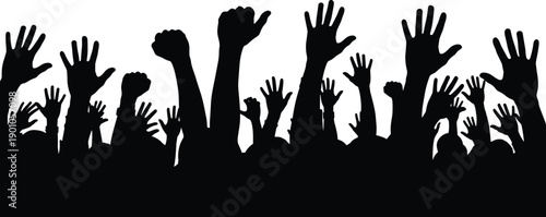 Black and White Vector Silhouette Illustration of Many Raised Hands and Fists for Community Support Concert Celebration Public Protest Human Rights and Group Unity