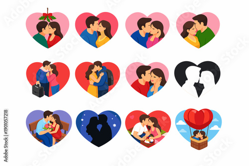 Romantic couples heart-shaped icons set